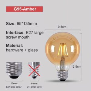 Vintage E27 LED Edison Globe Light Bulbs 40W Equivalent,2200K Warm White,Antique Amber Glass Decorative Bulbs,G95 4W LED Filament Bulbs,Pack of 6(Yellow Light) - Image 7