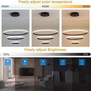 Modern LED Pendant Light, 3 Rings Black Chandeliers Fixture Dimmable with Remote Control 3-Color LED Chandelier Ceiling Pendant Light for Bedroom, Living Room, Dining Room, Kitchen - Image 3