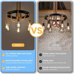 Retro 6-Light Industrial Pendant Light,Farmhouse Hemp Rope Chandelier Ceiling Light Fixture,Vintage Iron Cage Hanging Lamp for Kitchen Island Dining Room Living Room Bedroom - Image 6