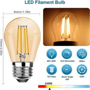 Vintage LED Edison Globe Light Bulbs 40W Equivalent, 2700K Warm White, Antique Amber Glass Decorative Bulbs, E27 Base, G45 4W LED Filament Bulbs, Pack of 10(Yellow Light) - Image 6