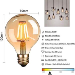 Vintage E27 LED Edison Globe Light Bulbs 40W Equivalent,2200K Warm White,Antique Amber Glass Decorative Bulbs,G80 4W LED Filament Bulbs,Pack of 6(Yellow Light) - Image 3