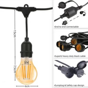 Outdoor String Lights, Electric Plug-In Festoon Lights 10 Meter 20 LED Bulbs, Outdoor Waterproof Decorative Hanging Light String for Patio Garden Porch Yard (10M with A60 Amber) - Image 4