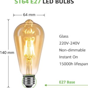 Vintage E27 Edison Bulbs LED Light Bulbs 40W Equivalent,2700K Warm White,Antique Amber Glass Decorative Bulbs,ST64 4W LED Filament Bulbs,Pack of 6(Yellow Light) - Image 3