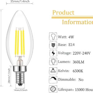 E14 LED Filament Light Bulb, Small Edison Screw Candle Bulbs, 4W 360lm, Cool White 6500K E14 LED Bulb, Energy Saving Candle Light Bulbs, Non-dimmable, Pack of 10 (White Light) - Image 3