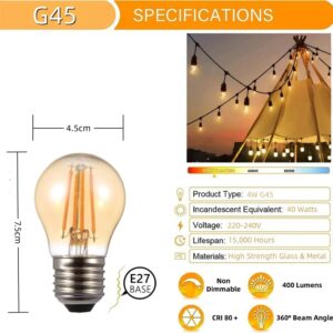 Outdoor String Lights, Electric Plug-In Festoon Lights 10 Meter 20 LED Bulbs, Outdoor Waterproof Decorative Hanging Light String for Patio Garden Porch Yard (10M with G45 Amber) - Image 3