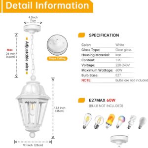 Modern Outdoor White Pendant Light, Farmhouse Exterior Hanging Lights with Adjustable Chain, White Ceiling Hanging Lamp with Clear Lampshade for Porch, Yard, Gazebo, Entryway - Image 3