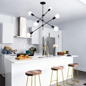 Modern Sputnik Chandelier 6-Light Black Ceiling Lighting Mid-Century Pendant Light Fixture for Kitchen Island Dining Room Living Room Bedroom - Image 4