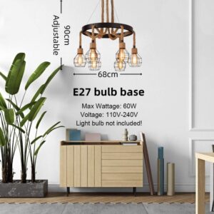 Retro 6-Light Industrial Pendant Light,Farmhouse Hemp Rope Chandelier Ceiling Light Fixture,Vintage Iron Cage Hanging Lamp for Kitchen Island Dining Room Living Room Bedroom - Image 3