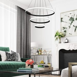 Modern LED Pendant Light, 3 Rings Black Chandeliers Fixture Dimmable with Remote Control 3-Color LED Chandelier Ceiling Pendant Light for Bedroom, Living Room, Dining Room, Kitchen - Image 6