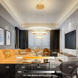 Modern LED Gold Chandelier 3 Ring LED Pendant Light Fixture Dimmable with Remote Control Adjustable Height Ceiling Chandelier for Living Room Dining Room Bedroom Foyer Stairway - Image 3