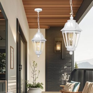 Modern Outdoor White Pendant Light, Farmhouse Exterior Hanging Lights with Adjustable Chain, White Ceiling Hanging Lamp with Clear Lampshade for Porch, Yard, Gazebo, Entryway - Image 4