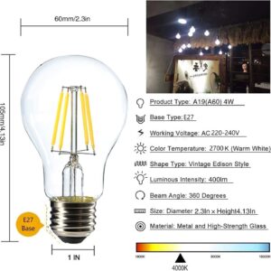 Vintage E27 Edison Bulbs LED Light Bulbs 40W Equivalent, 2700K Warm White, Antique Clear Glass Decorative Bulbs, A60 4W LED Filament Bulbs, Pack of 10(Yellow Light) - Image 5