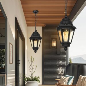 Modern Outdoor Black Pendant Light, Farmhouse Exterior Hanging Lights with Adjustable Chain, Black Ceiling Hanging Lanterns with Clear Lampshade for Porch, Yard, Gazebo, Entryway - Image 3