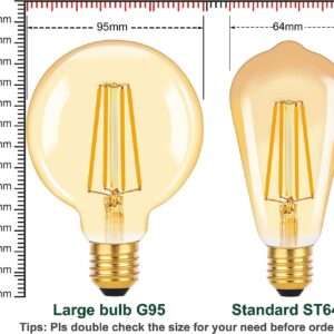 Vintage E27 LED Edison Globe Light Bulbs 40W Equivalent,2200K Warm White,Antique Amber Glass Decorative Bulbs,G95 4W LED Filament Bulbs,Pack of 6(Yellow Light) - Image 3