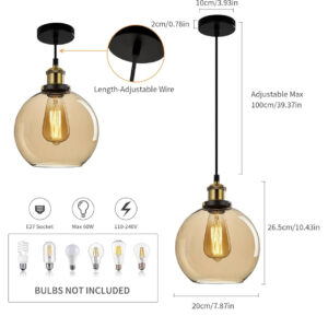 Industrial Glass Pendant Light - Vintage Ceiling Lights with Clear Ball Glass Shade Adjustable Hanging Pendant Lighting for Kitchen Island Dining Room Bedroom - ø20 cm - Image 3
