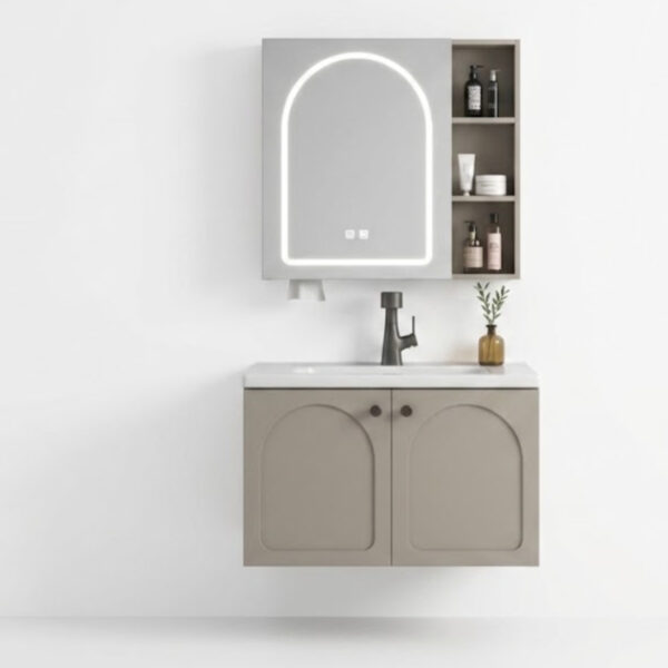 The Neo-Classic Smart Bathroom Suite – Matte Earth-Tone Floating Cabinet with Built-In Utility Dispenser (1)