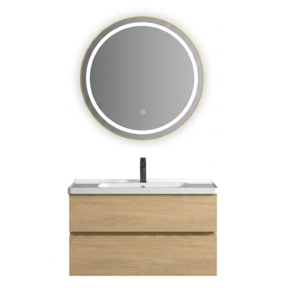 Wall-Mounted Light Wood Grain Basin Cabinet with Intelligent Touch-Sensor Round Mirror – Contemporary 02-Bathroom Suite